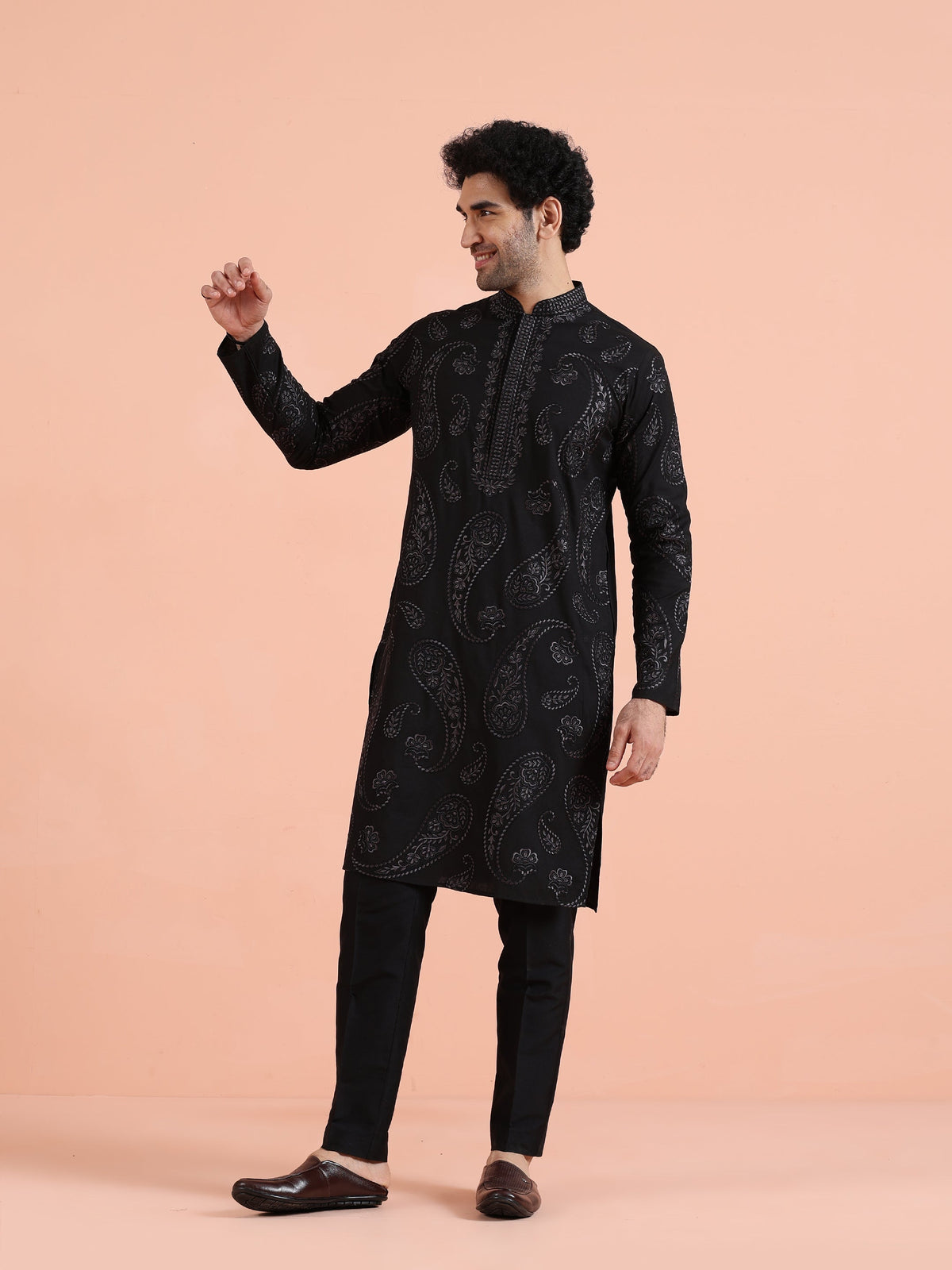 Black Embroidered Silk Blend Kurta