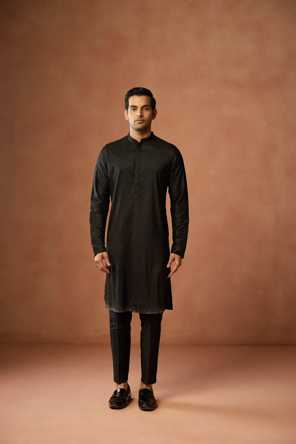 Black Silk Blend Embellished Long Kurta