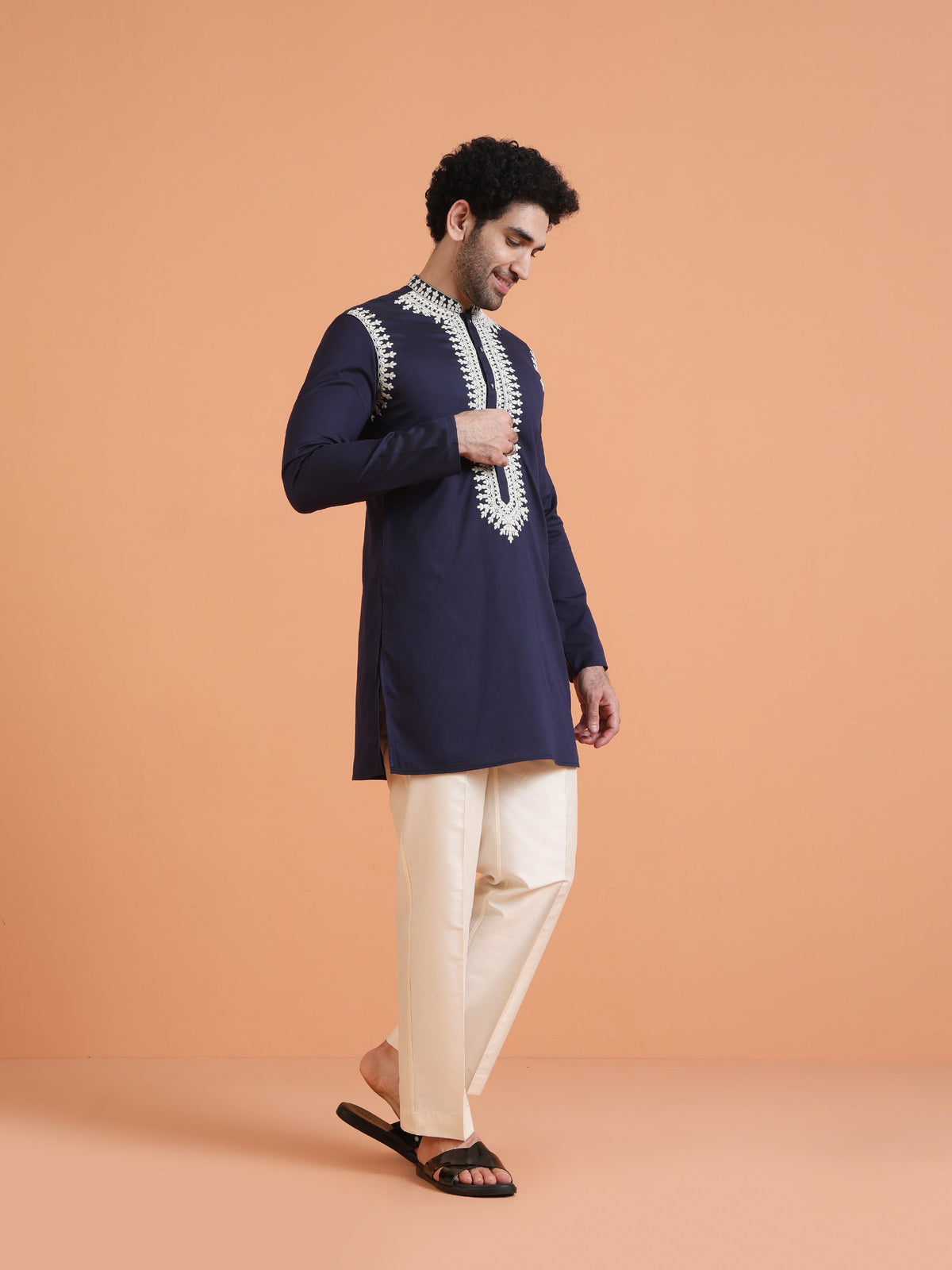 Navy Blue Cotton Silk Embroidered Mid Kurta