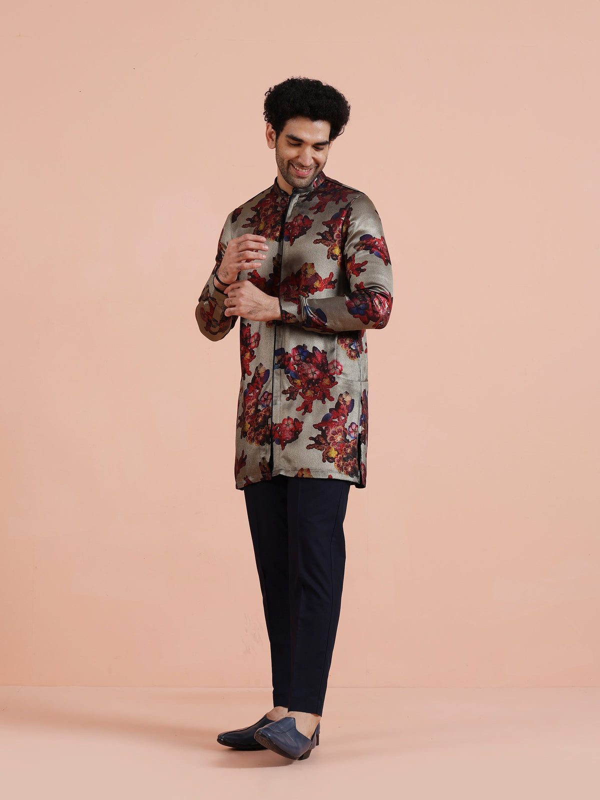 Grey Red Floral Printed Mid Kurta