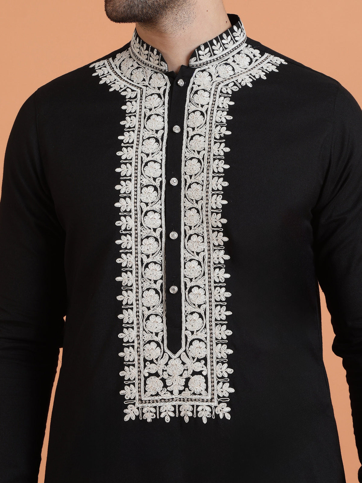 Black Cotton Silk Embroidered Mid Kurta