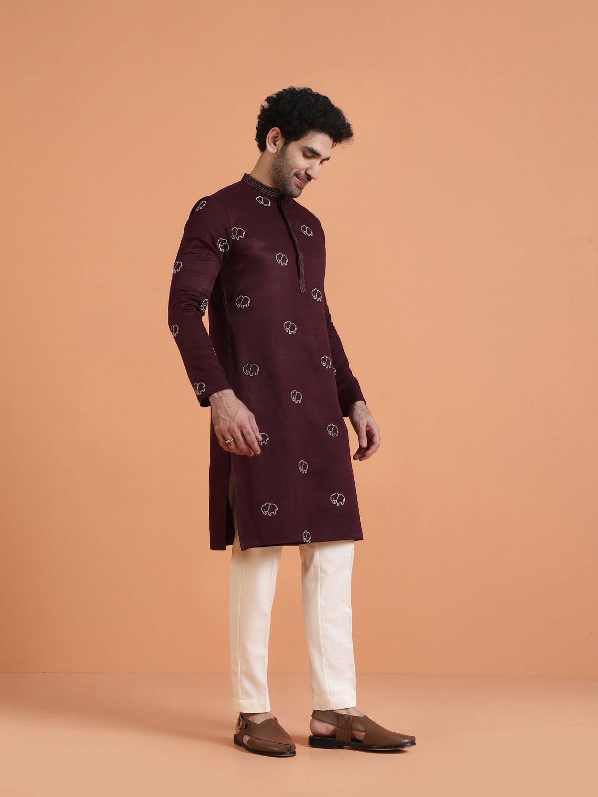 Maroon Cotton Silk Embroidered Kurta