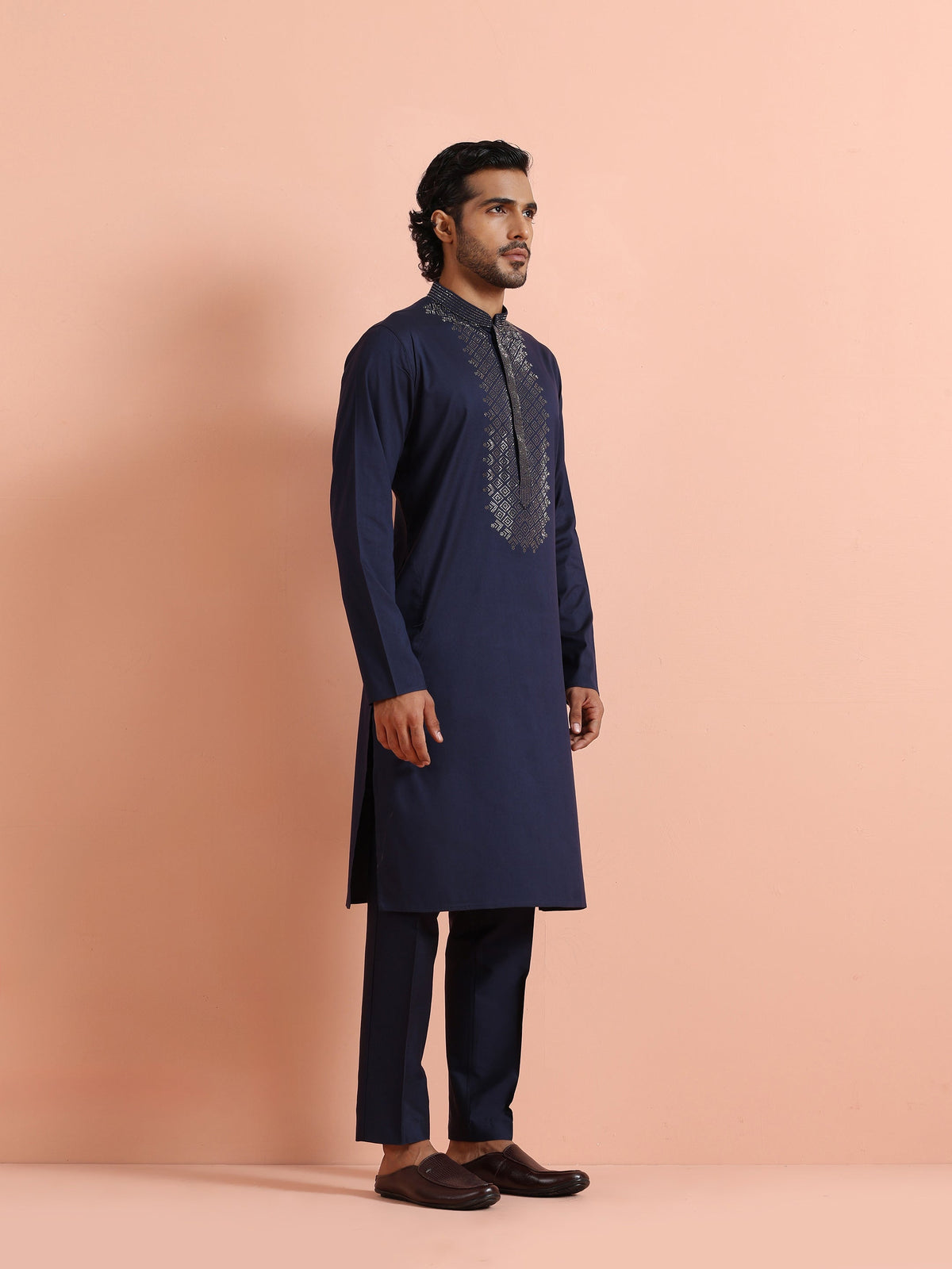 Navy Kurta with Geometric Embroidery