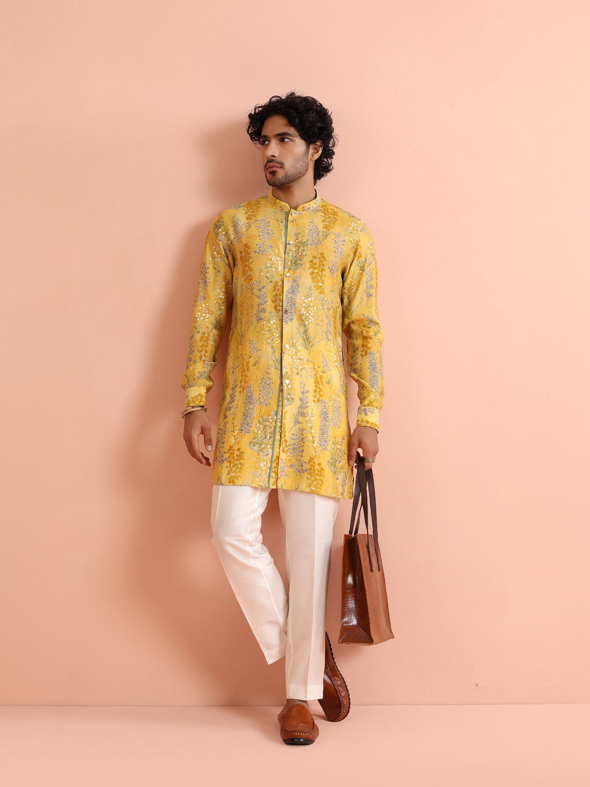 Yellow Floral Sequinned Mid Kurta