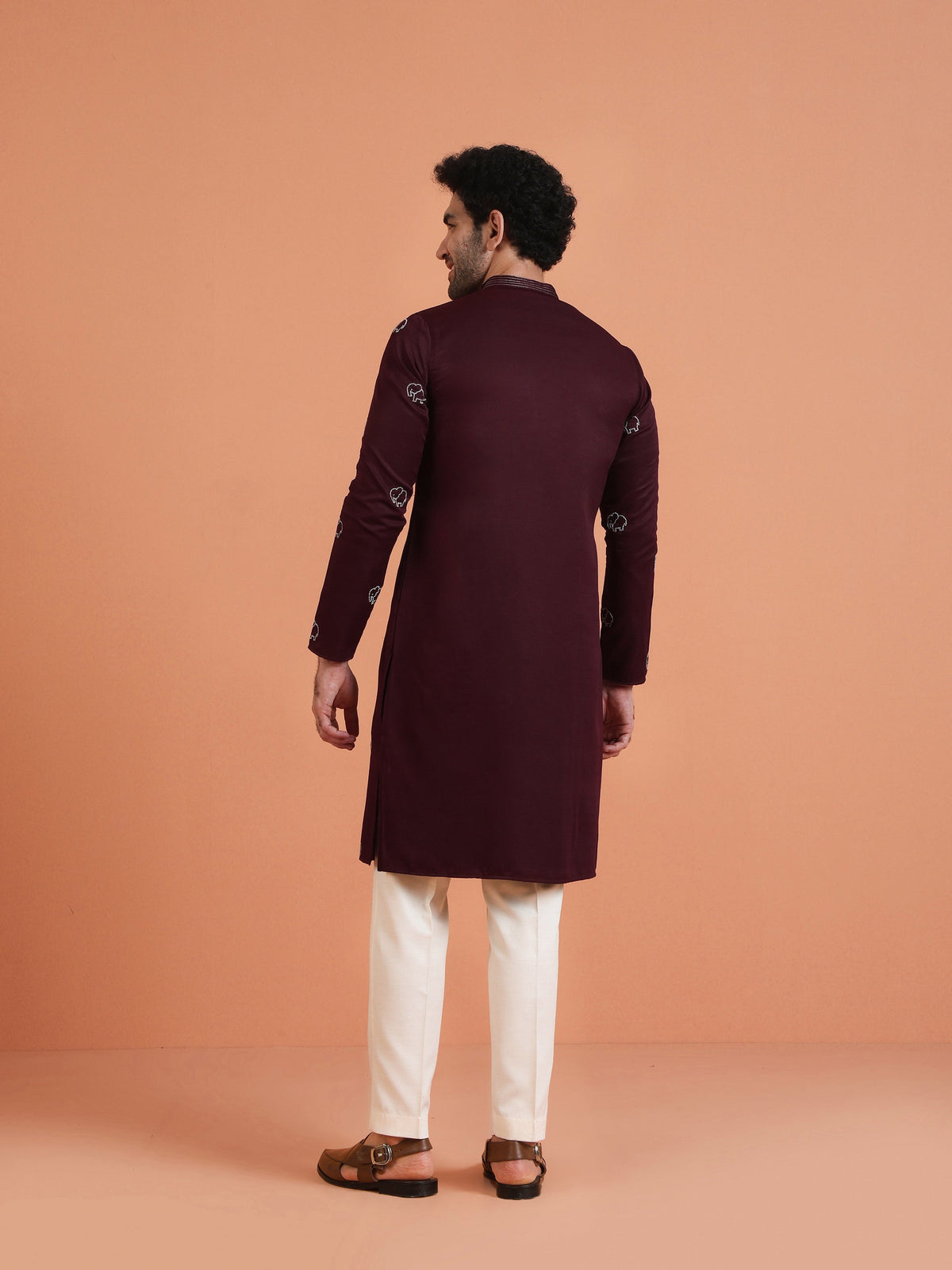 Maroon Cotton Silk Embroidered Kurta