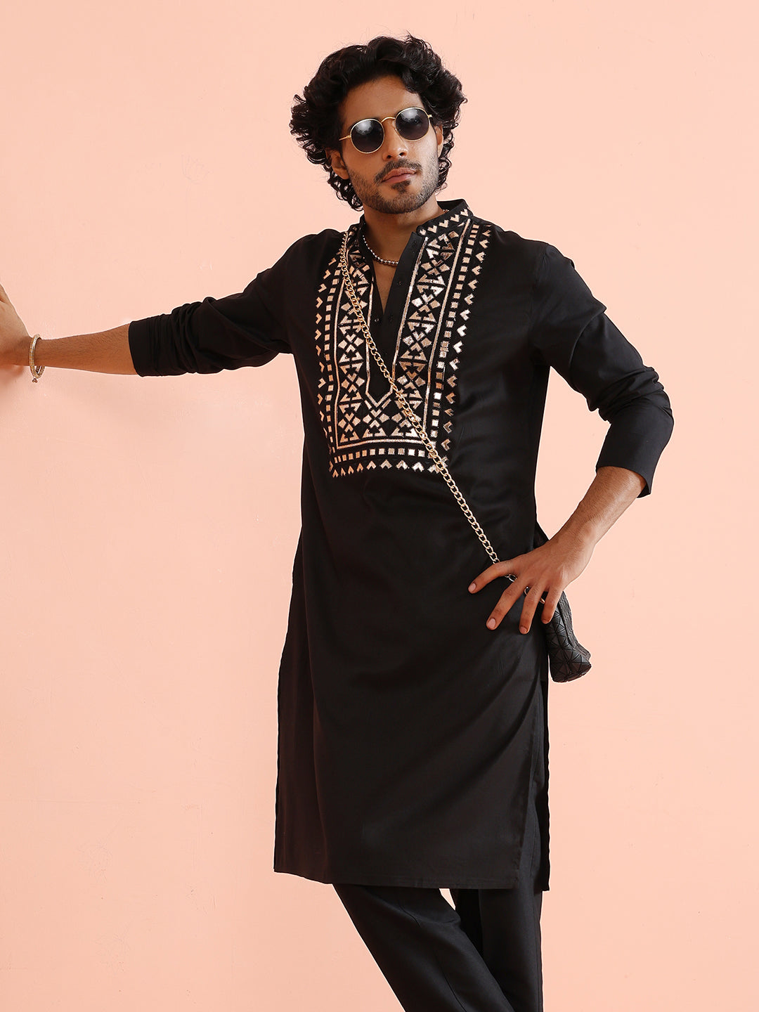 Black Metallic Embroidered Silk Kurta