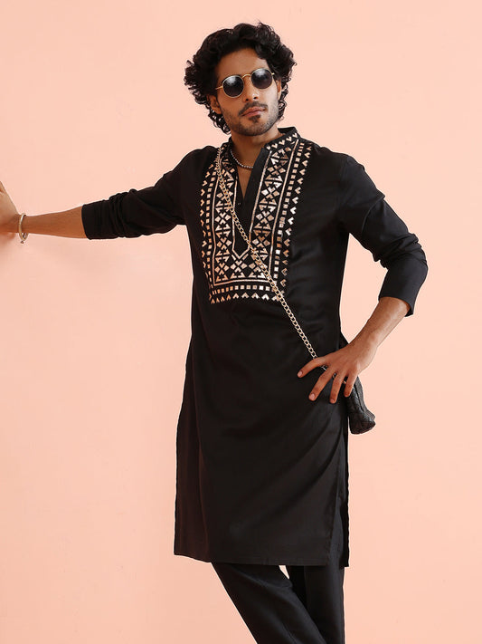 Black Metallic Embroidered Silk Kurta