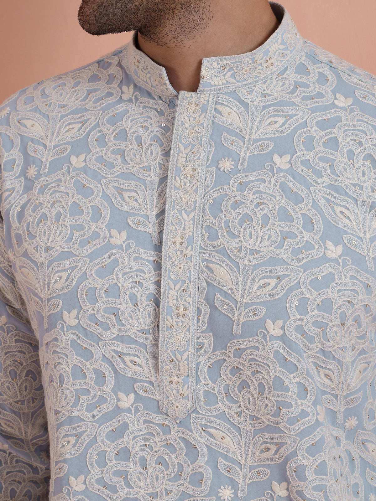 Light Blue Floral Embroidered Kurta