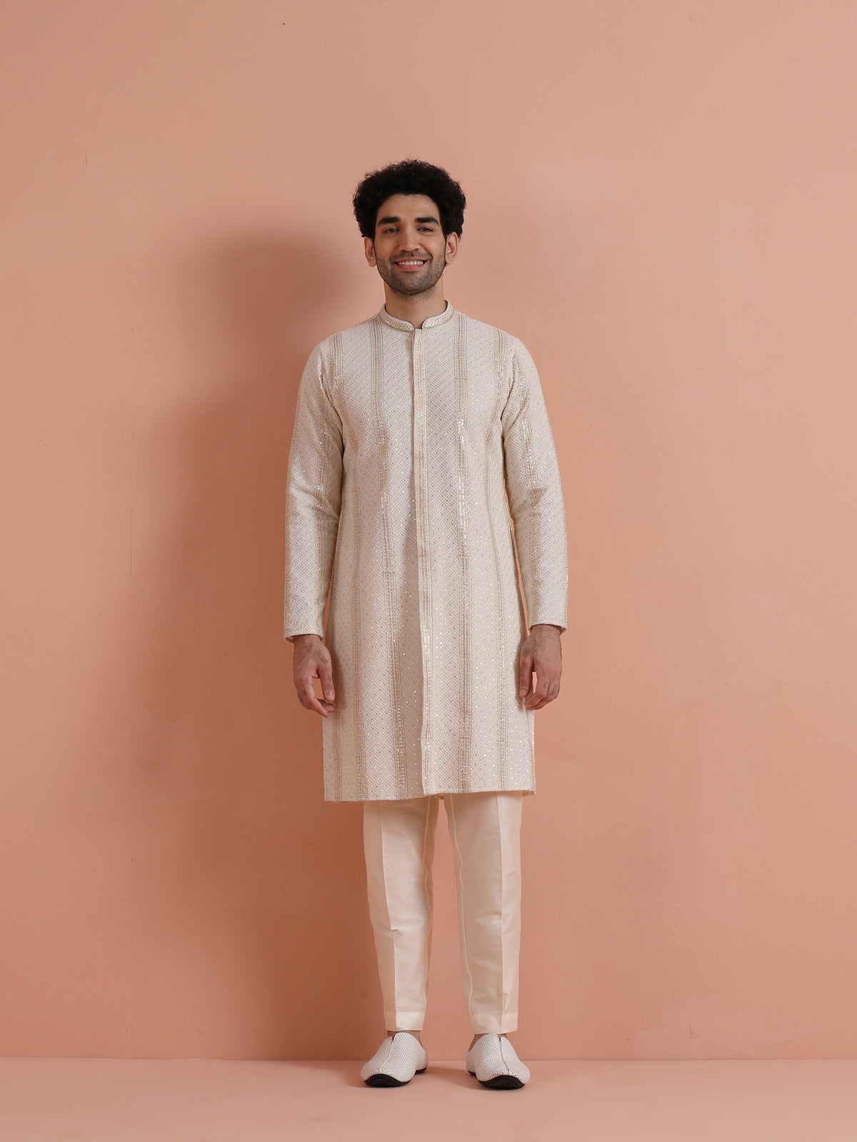 Cream Georgette Sequin Long Kurta