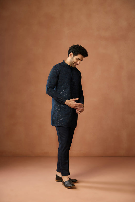 Navy Blue Silk Blend Embroidered Mid Kurta