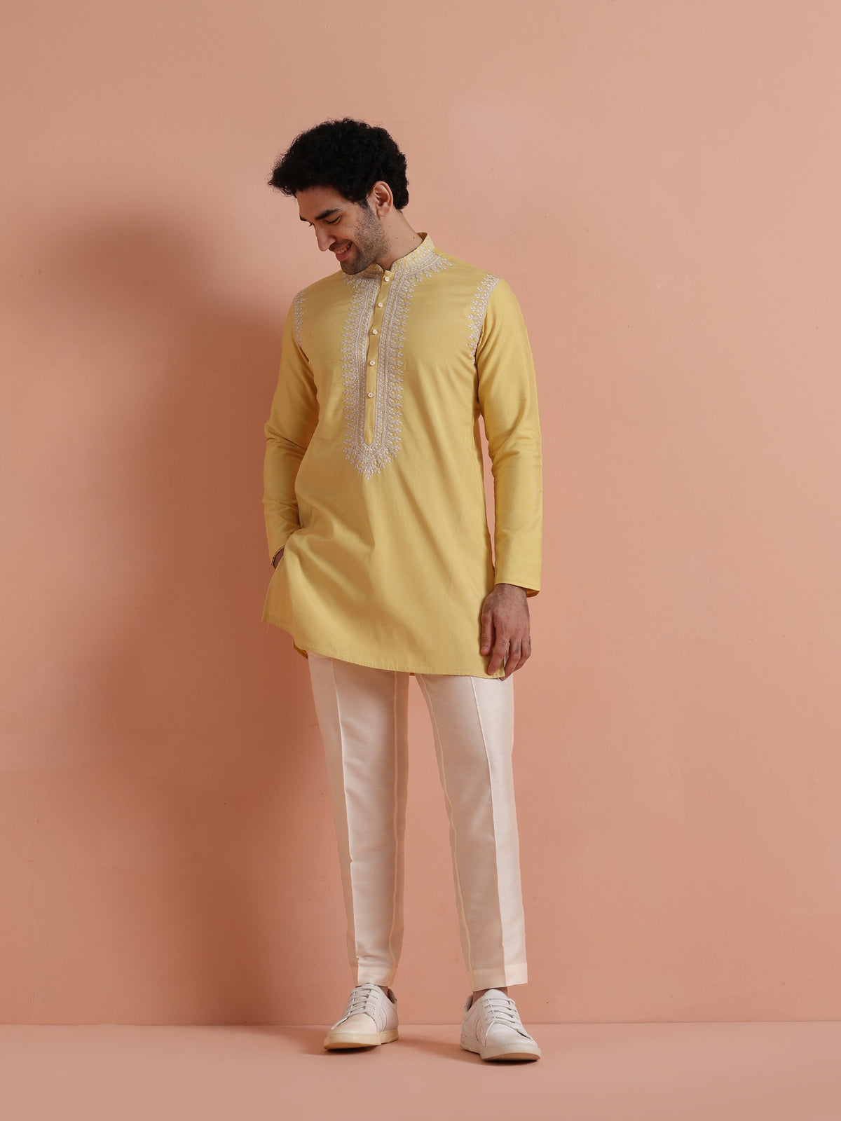 Yellow Poly Silk Embroidered Kurta