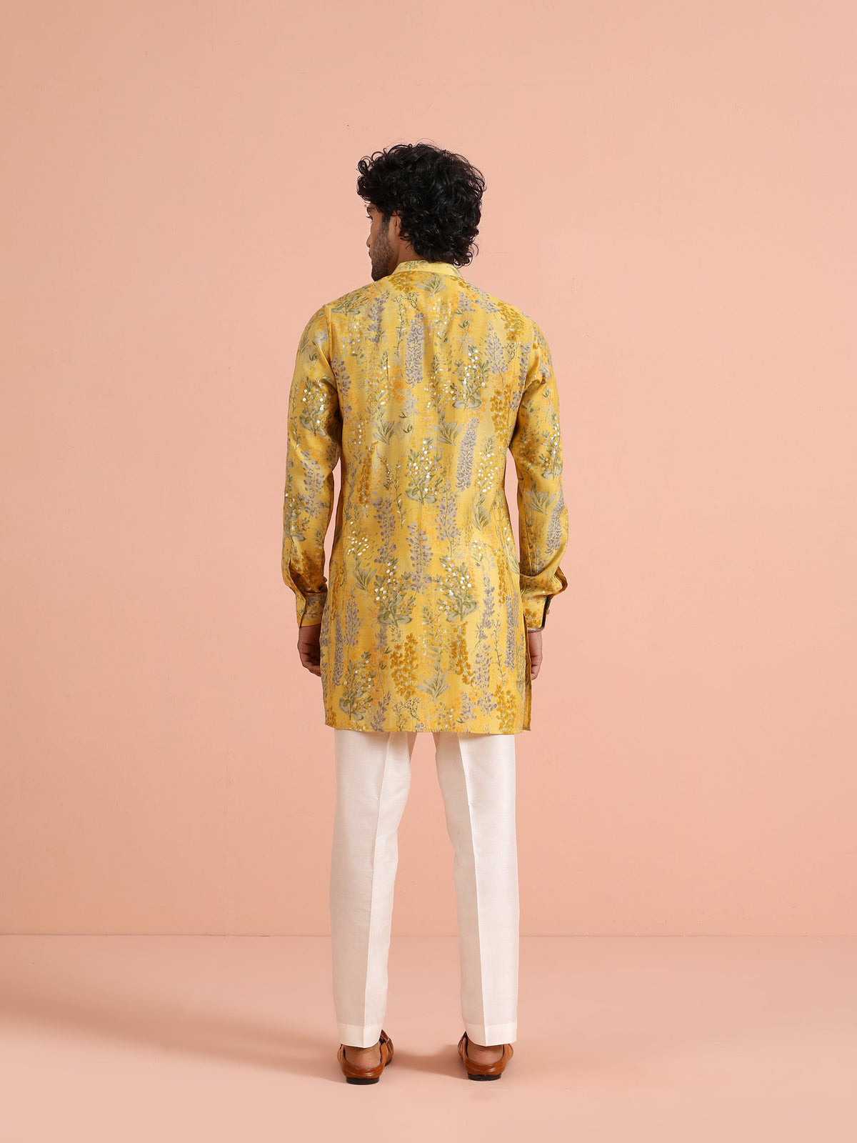 Yellow Floral Sequinned Mid Kurta