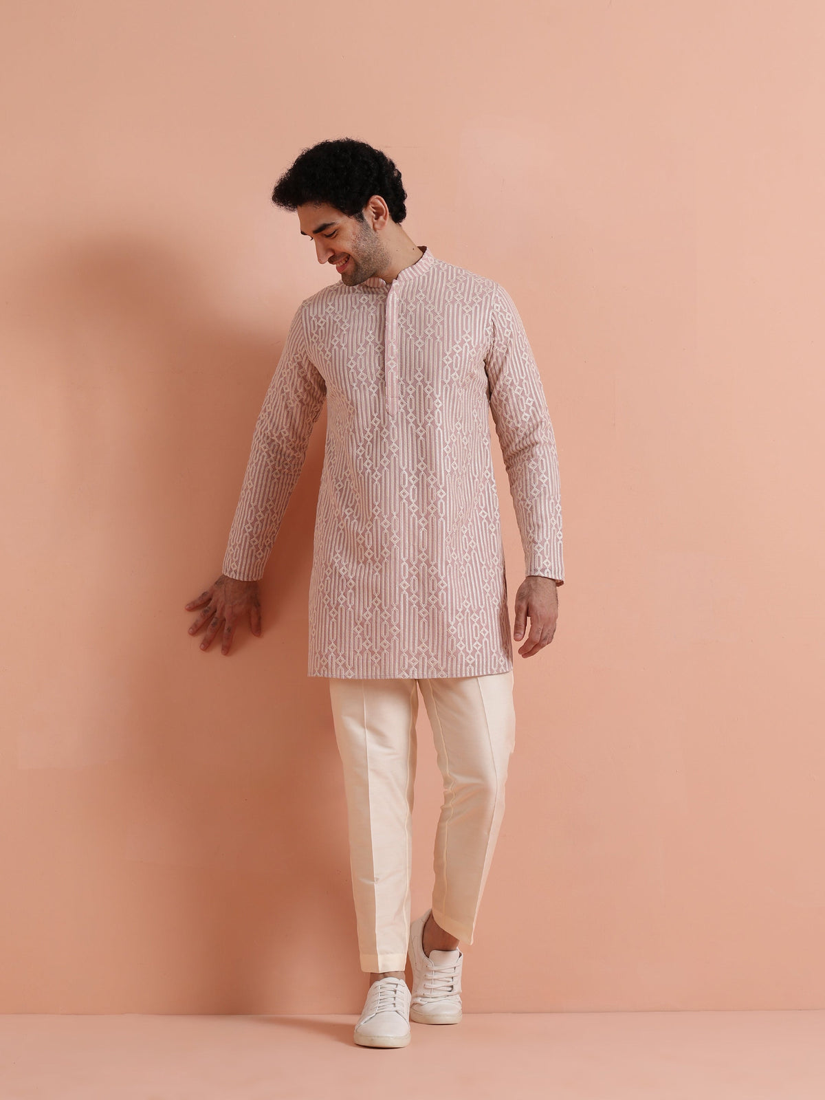 Pink Georgette Embroidered Mid Kurta