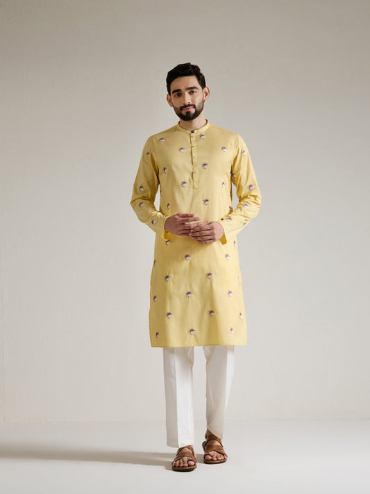 Mens Yellow Blended Light  Embroidery Kurta