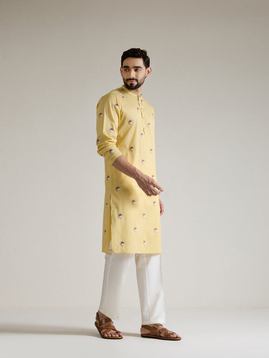 Mens Yellow Blended Light  Embroidery Kurta