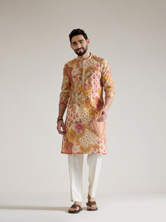 Mens Multicolor Blended Print Kurta