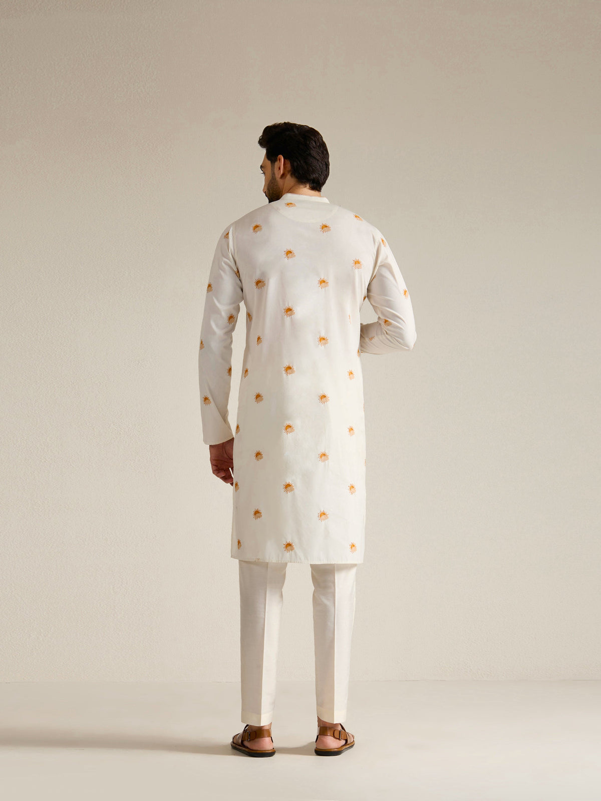 Mens Off-White Blended Light  Embroidery Kurta