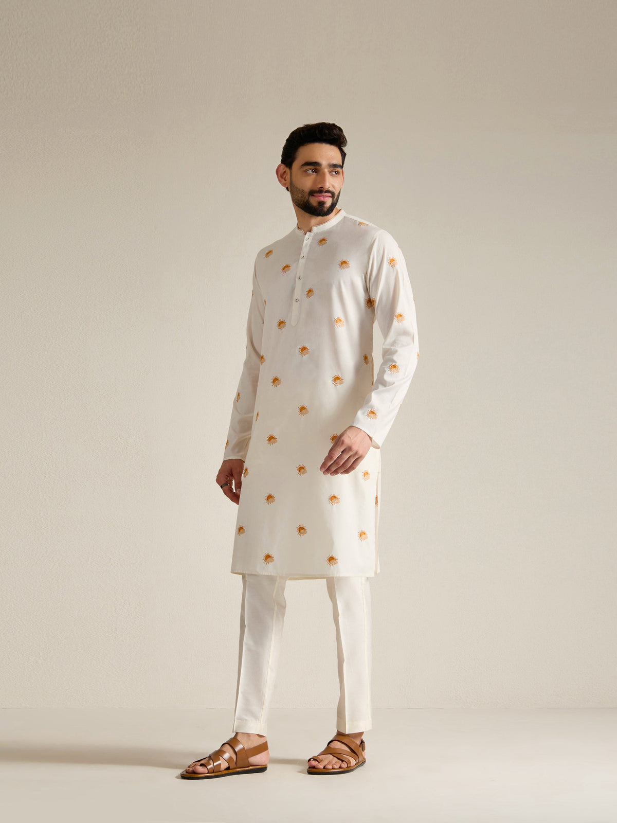 Mens Off-White Blended Light  Embroidery Kurta