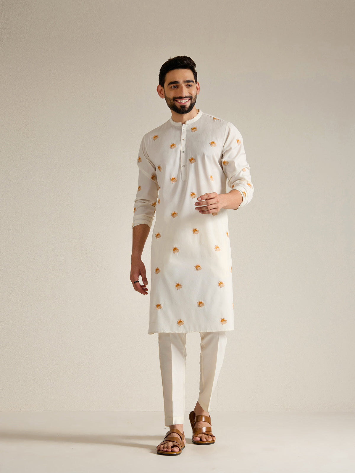 Mens Off-White Blended Light  Embroidery Kurta