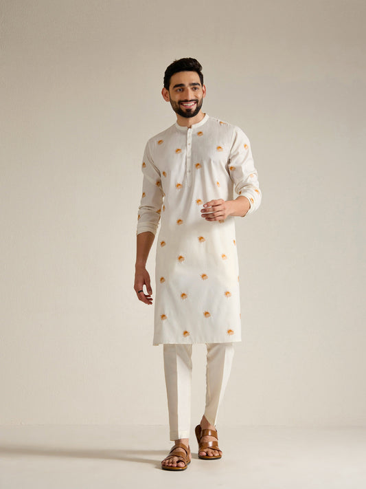 Mens Off-White Blended Light  Embroidery Kurta