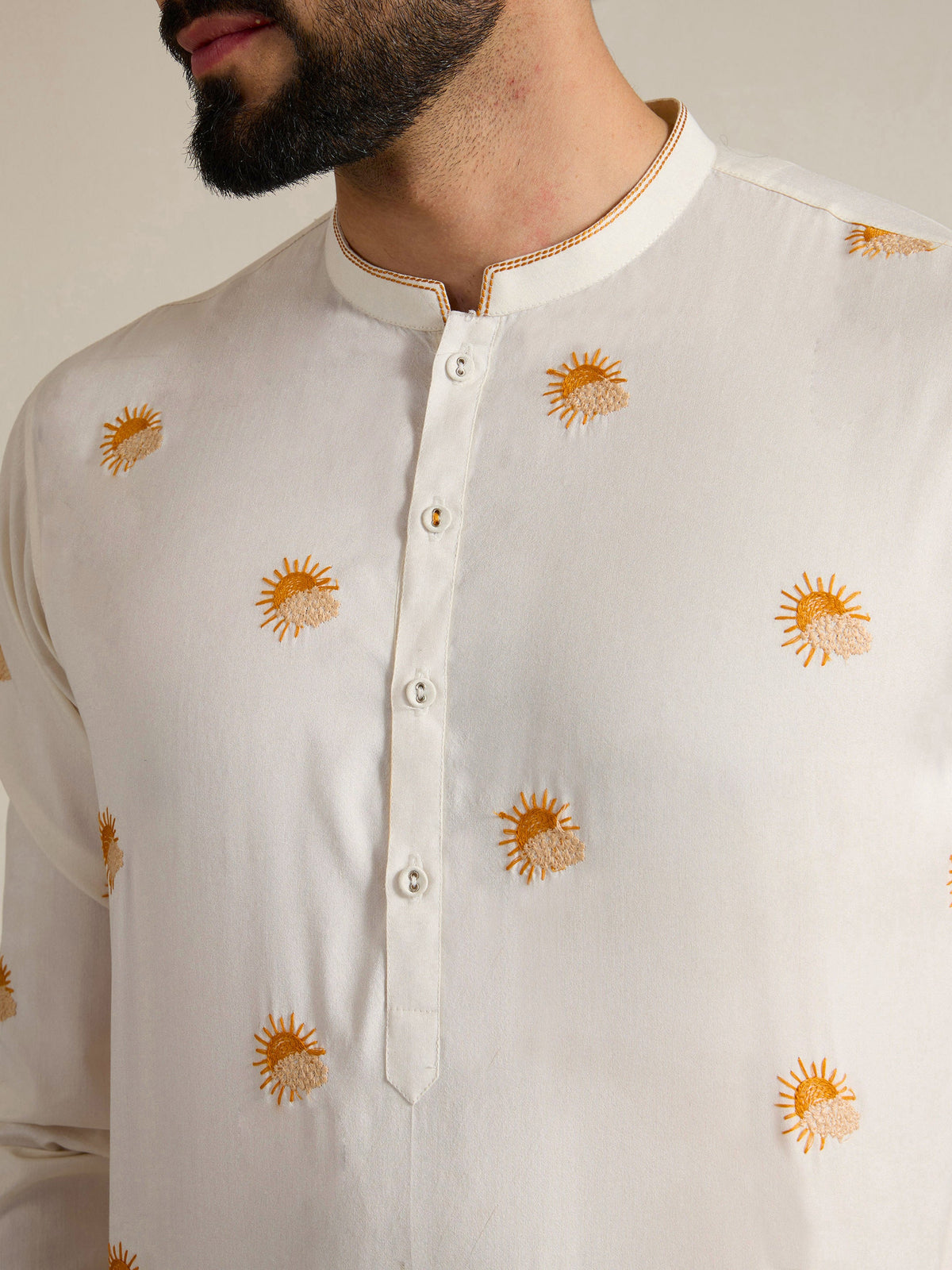 Mens Off-White Blended Light  Embroidery Kurta