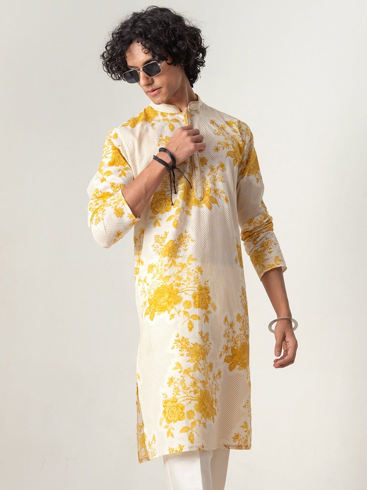 Mens Yellow Cotton Print Kurta