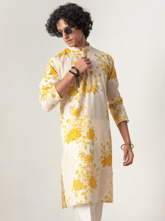 Mens Yellow Cotton Print Kurta