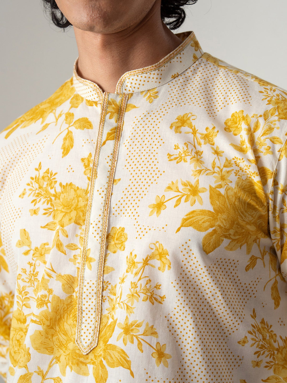 Mens Yellow Cotton Print Kurta