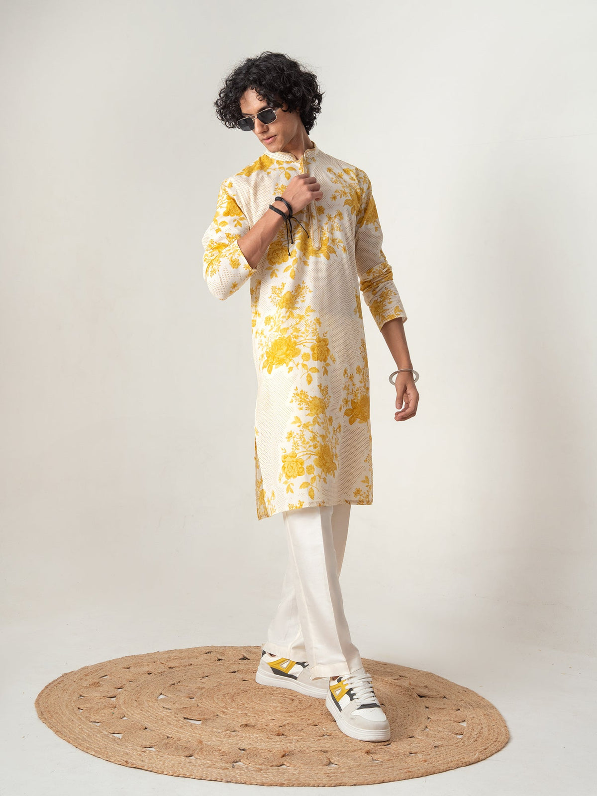 Mens Yellow Cotton Print Kurta