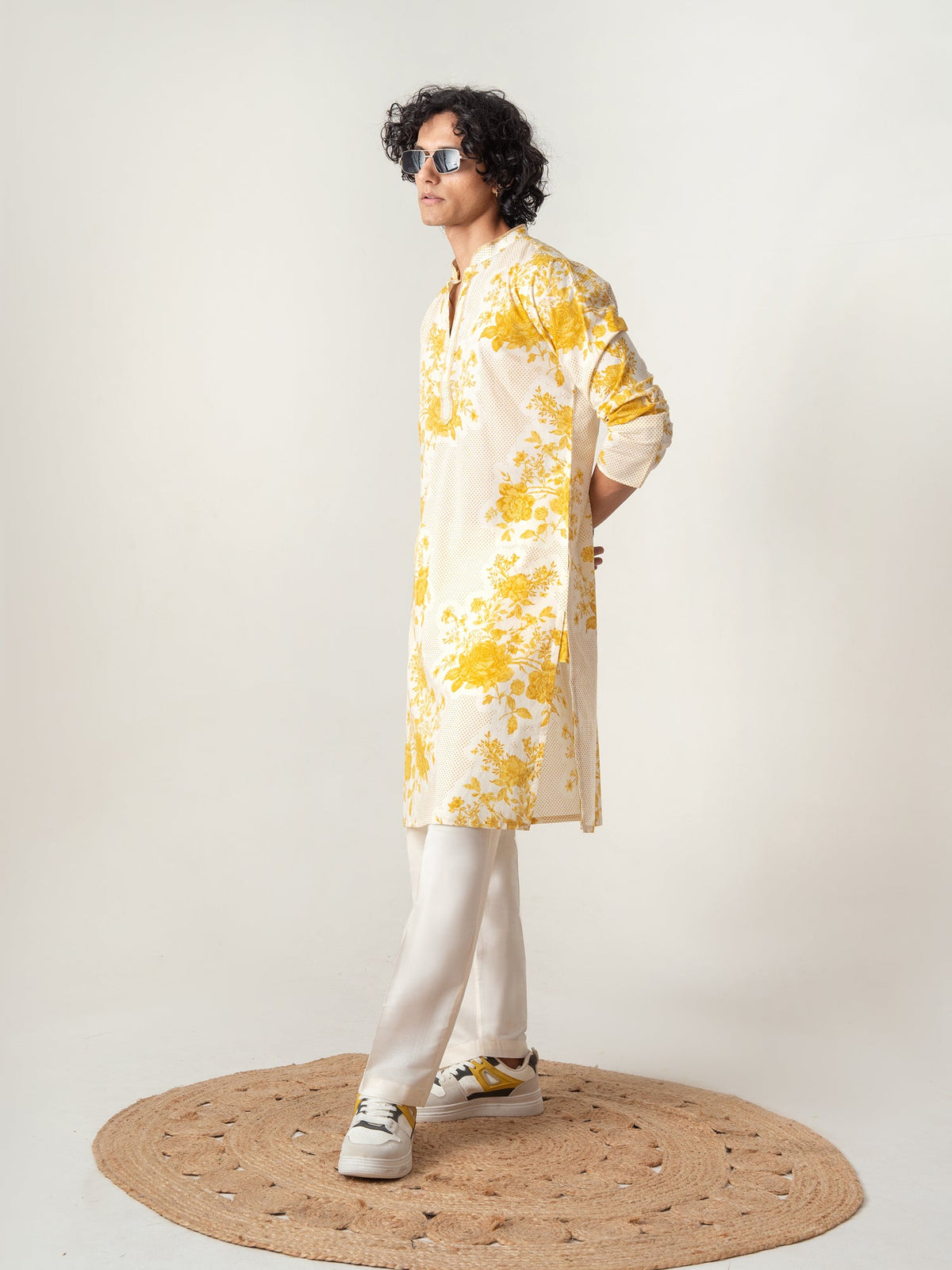 Mens Yellow Cotton Print Kurta