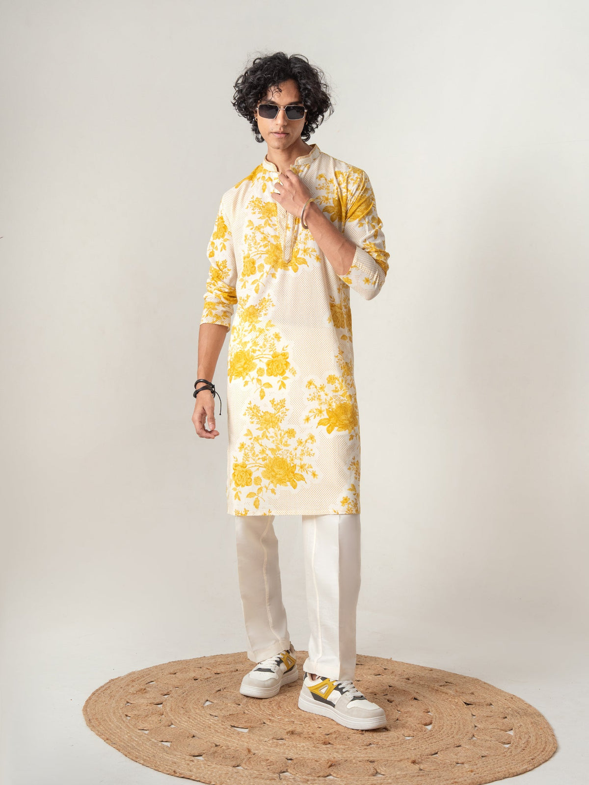 Mens Yellow Cotton Print Kurta