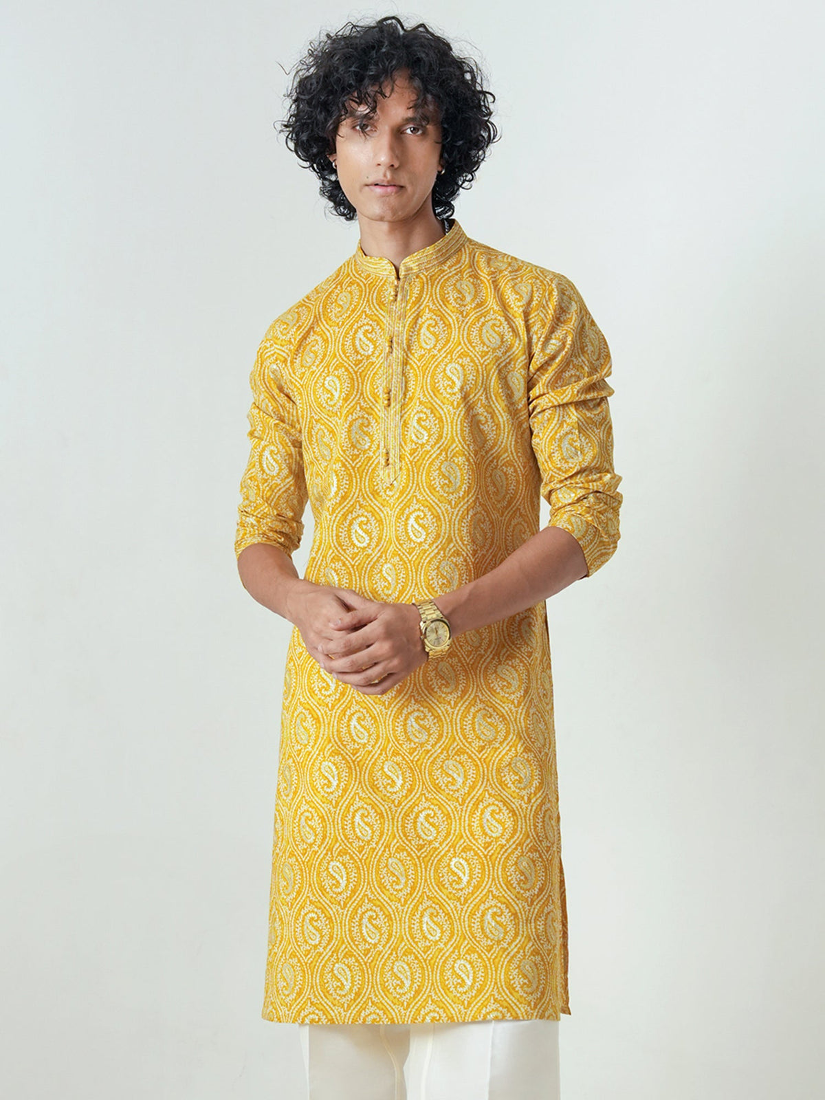 Mens Mustard Cotton Print Kurta