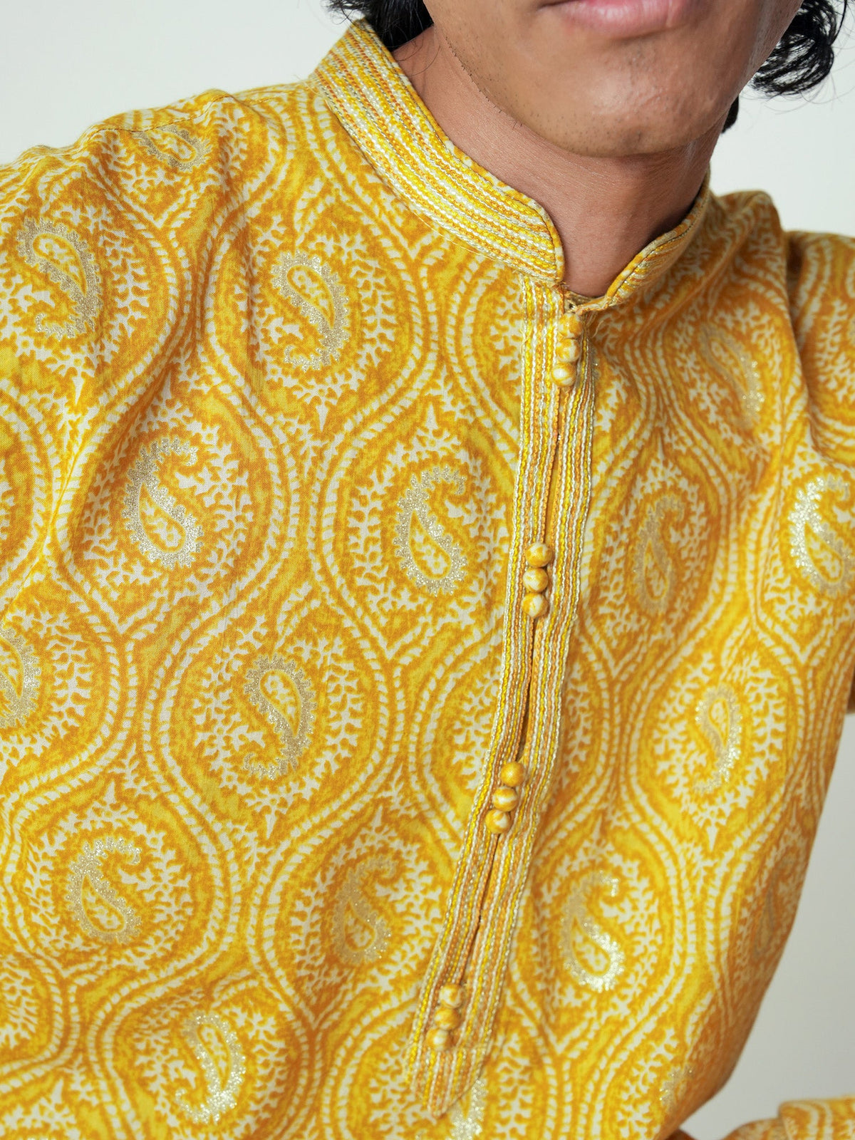 Mens Mustard Cotton Print Kurta
