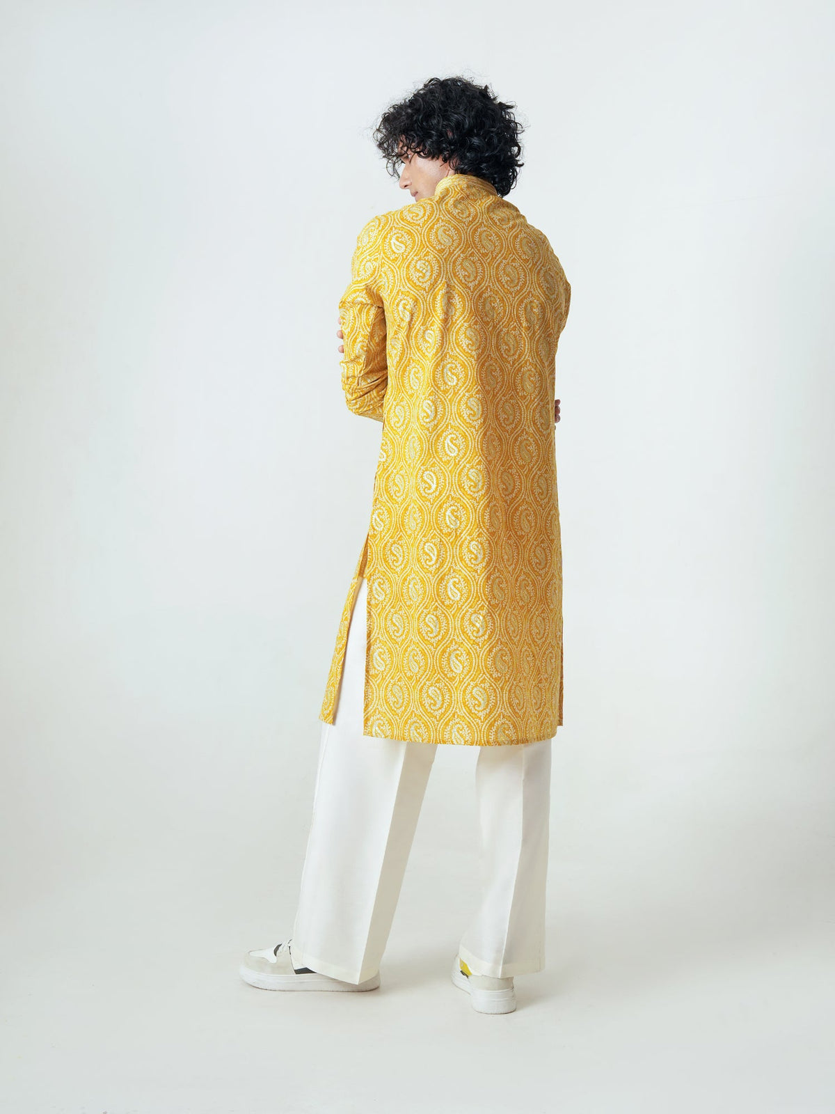 Mens Mustard Cotton Print Kurta