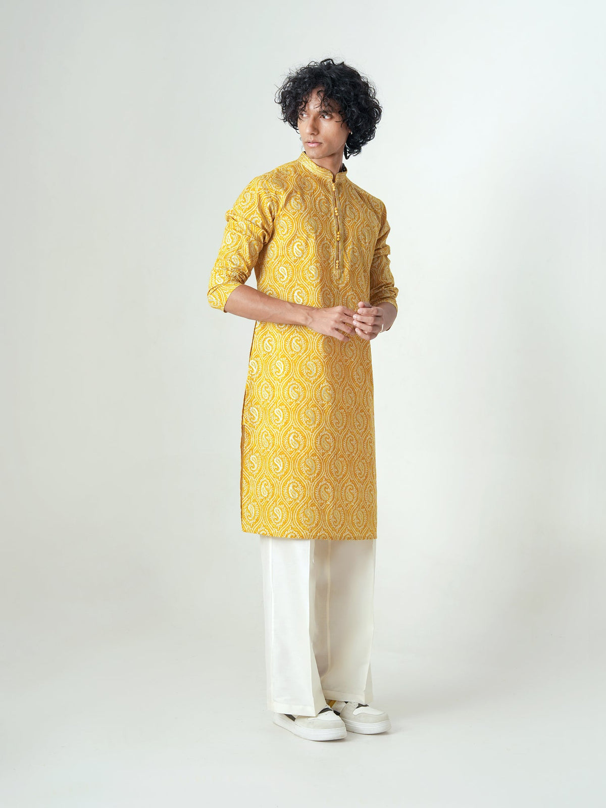 Mens Mustard Cotton Print Kurta