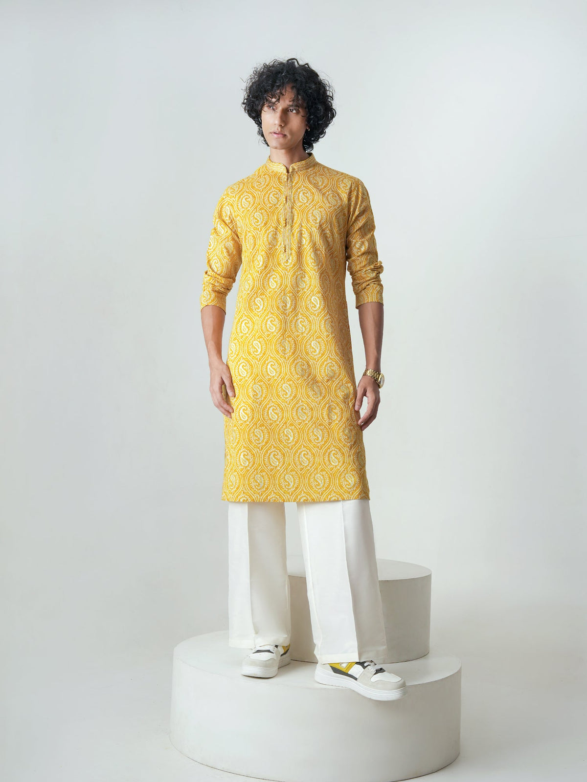 Mens Mustard Cotton Print Kurta