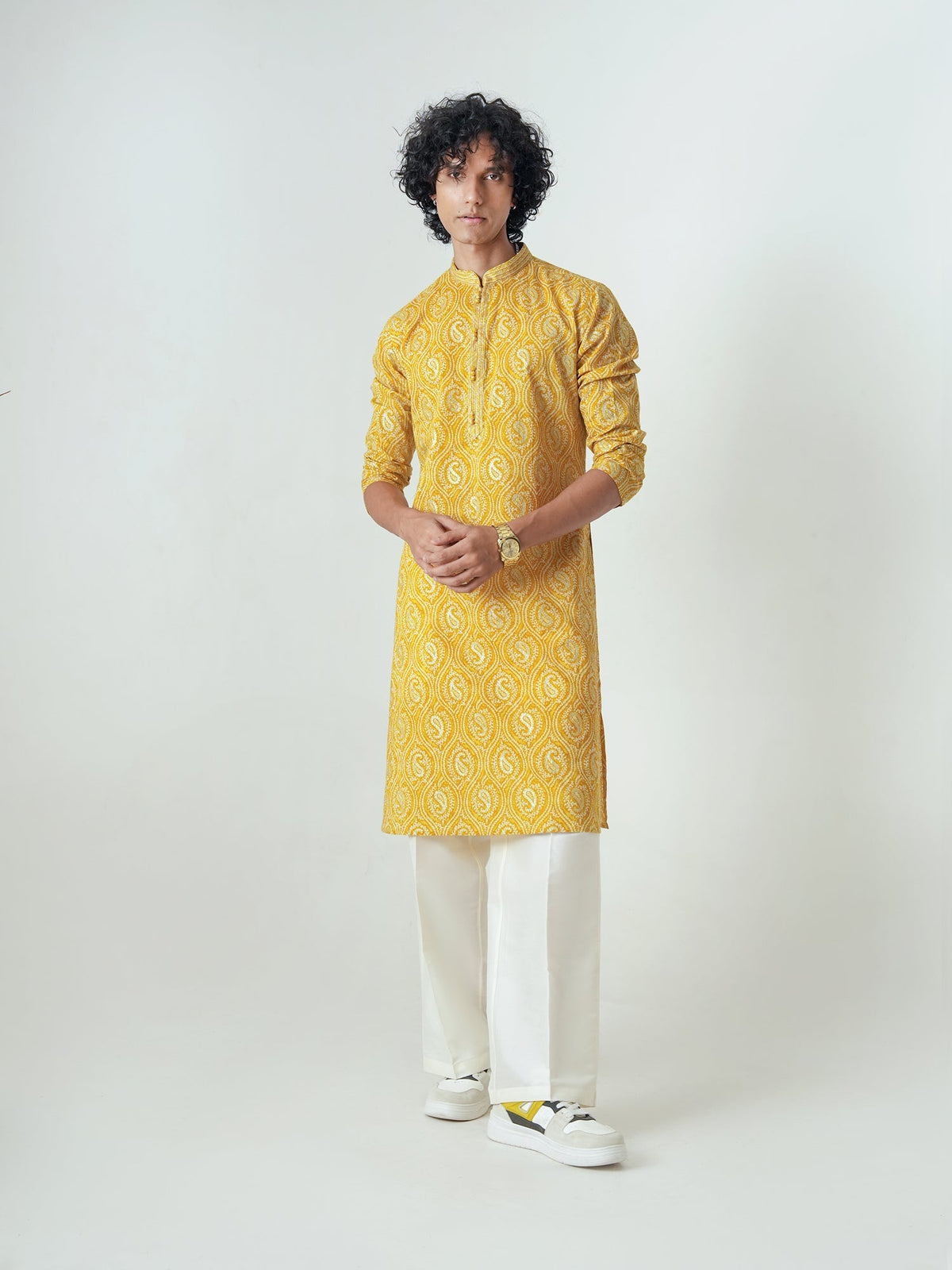 Mens Mustard Cotton Print Kurta