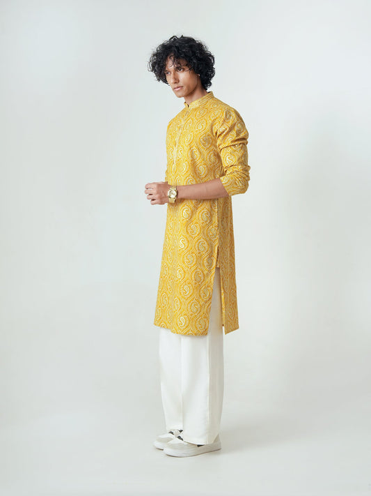 Mens Mustard Cotton Print Kurta