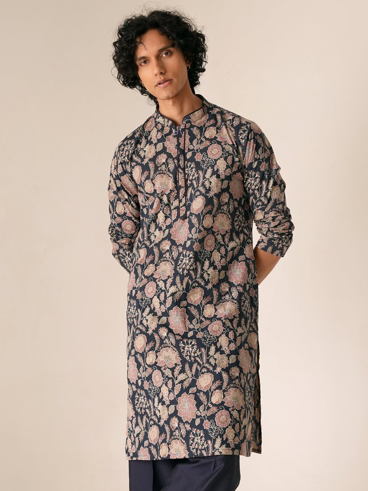 Mens Navy Blue Cotton Print Kurta