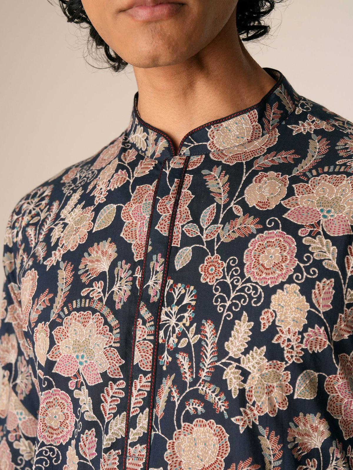 Mens Navy Blue Cotton Print Kurta
