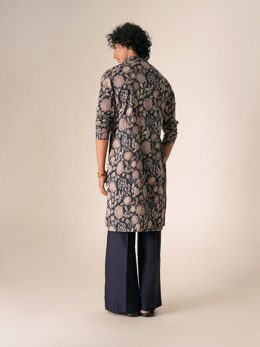 Mens Navy Blue Cotton Print Kurta