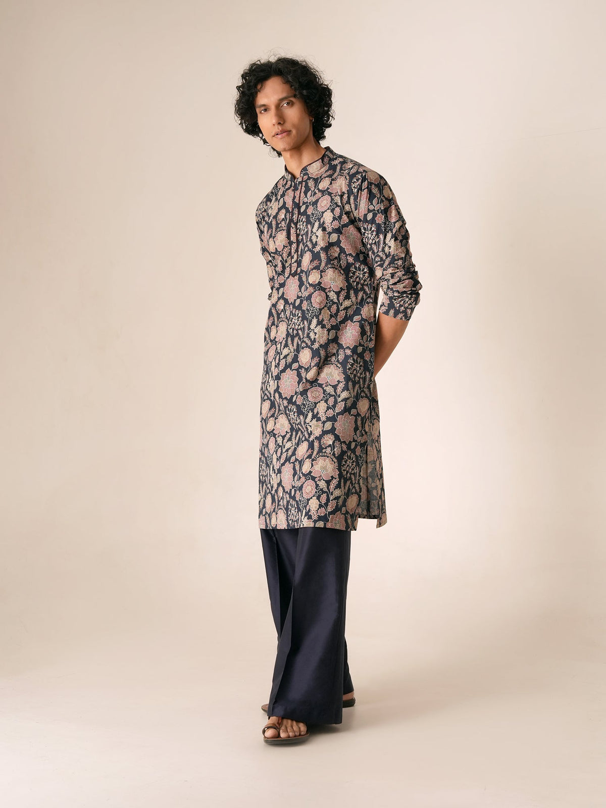 Mens Navy Blue Cotton Print Kurta