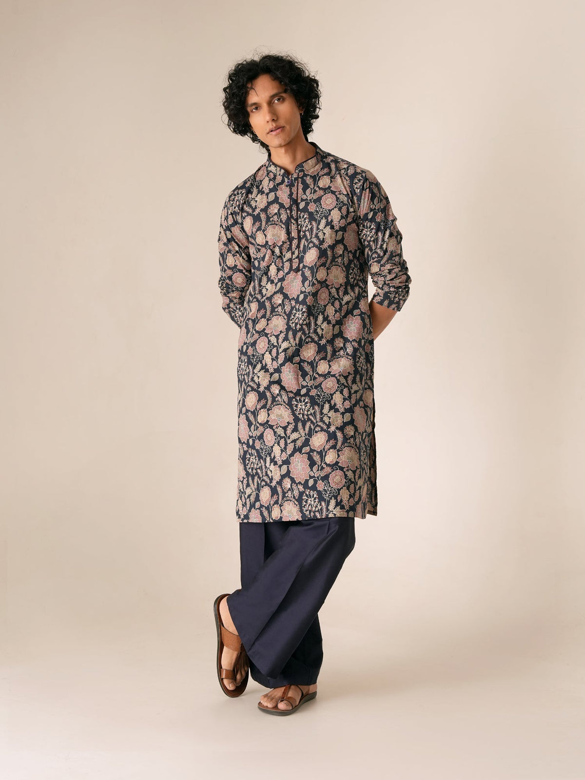 Mens Navy Blue Cotton Print Kurta