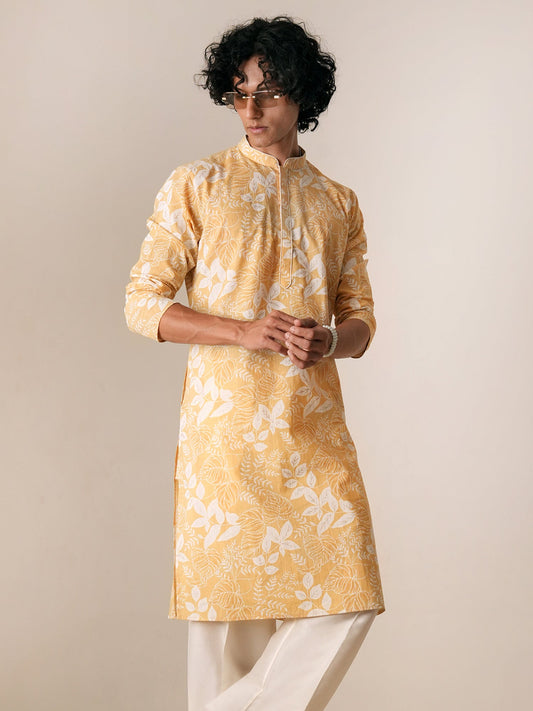 Mens Yellow Cotton Print Kurta
