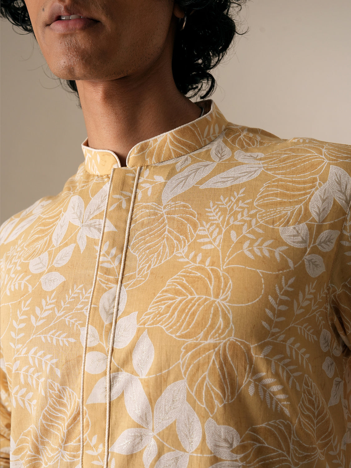 Mens Yellow Cotton Print Kurta