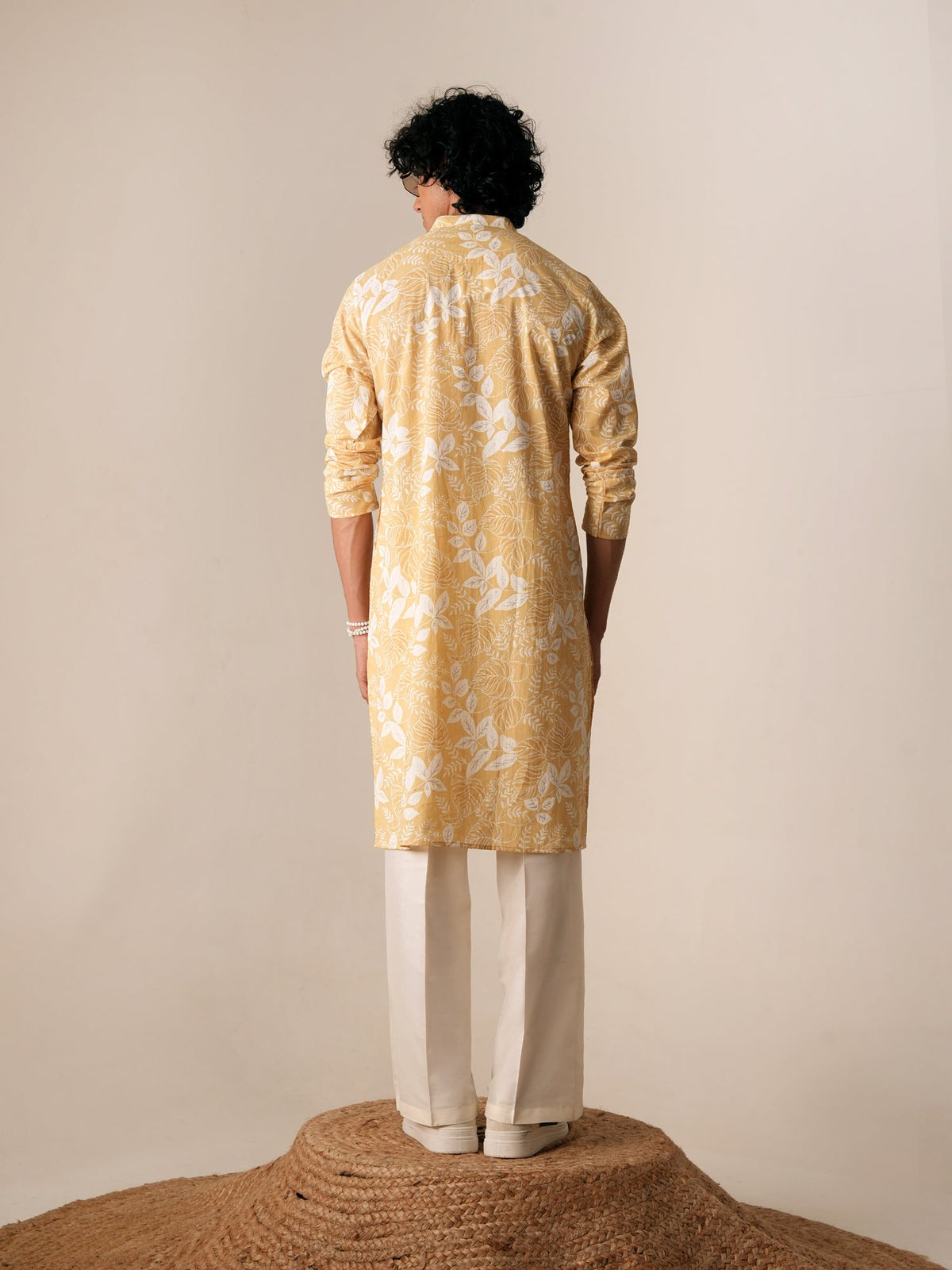 Mens Yellow Cotton Print Kurta