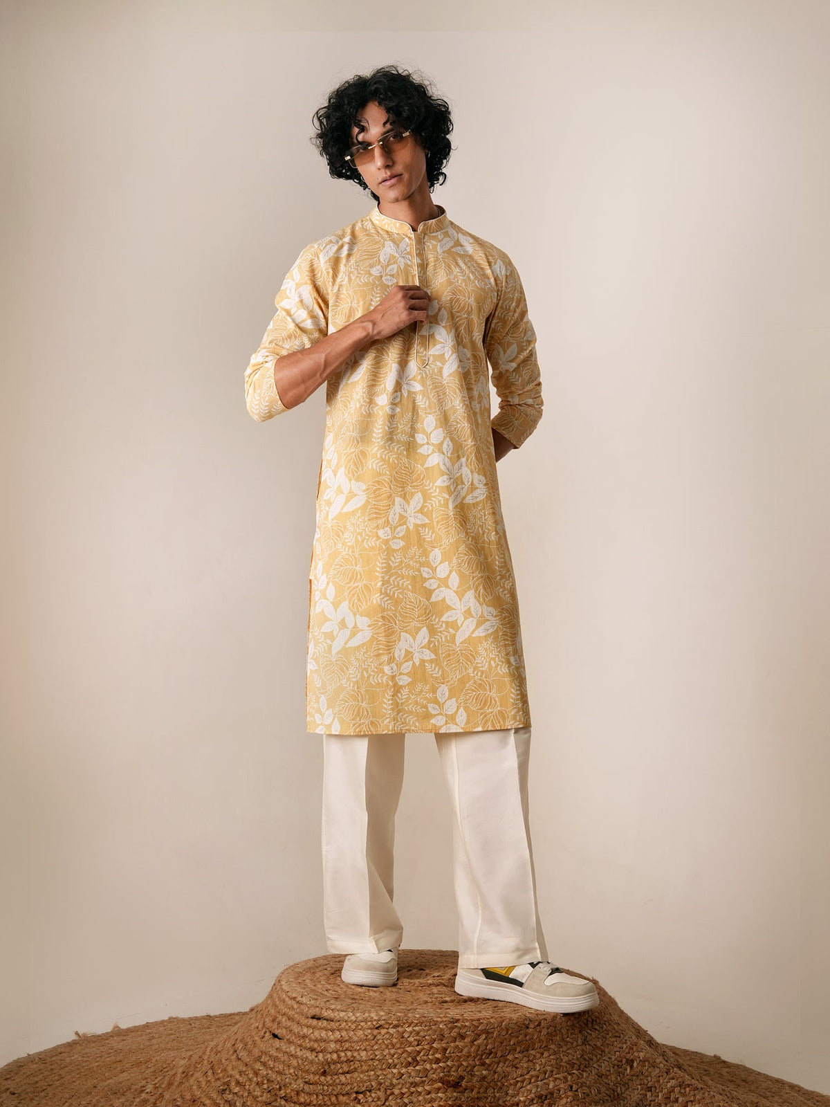 Mens Yellow Cotton Print Kurta