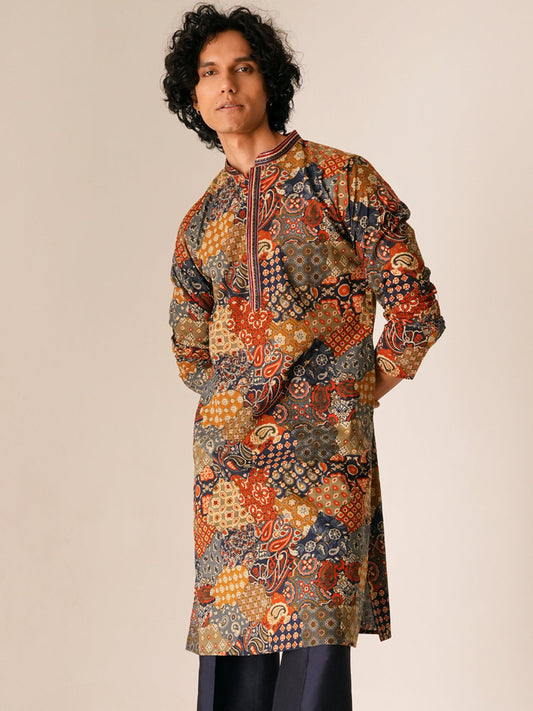 Mens Multicolor Cotton Print Kurta