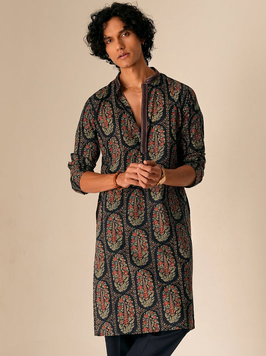 Men Navy Blue Cotton Print Kurta