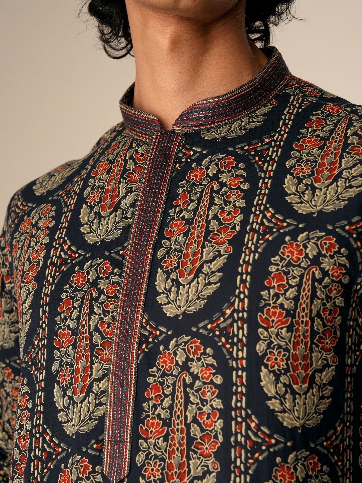 Men Navy Blue Cotton Print Kurta